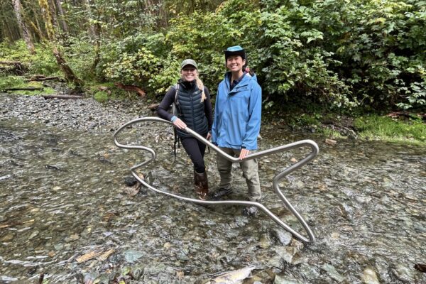 Hava Rohloff and Nicole Hebel, members of the YTT tribe, started their first hand-tool restoration project on Cemetery Creek in Southeast Alaska over the summer of 2023 (©Khrystl Brouillette-Gillam).